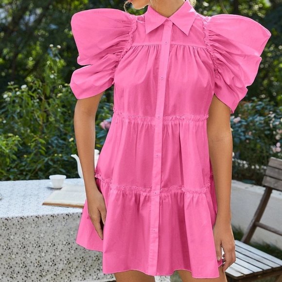 MODA ME COUTURE Dresses & Skirts - Contemporary Puff Sleeve Ruched Ruffle Hem Shirt Dress